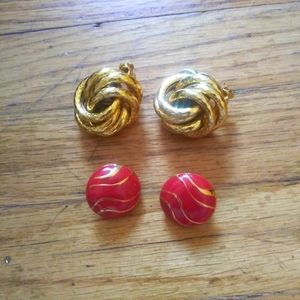 Vintage Clip On Earrings Set Gold Pair & Red